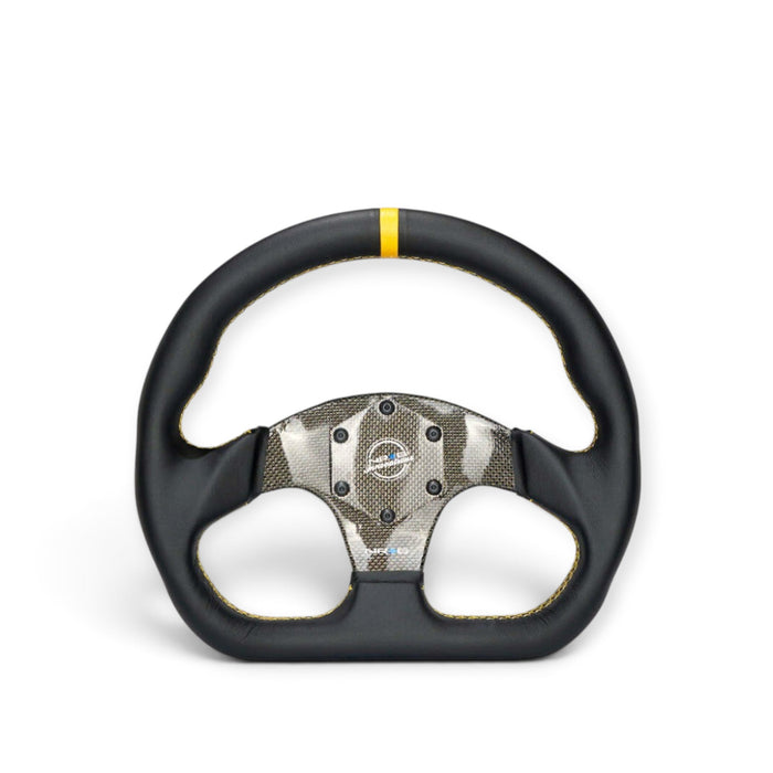 NRG Carbon Fiber Flat Bottom Steering Wheel (320mm) Yellow CF Center w/Yellow Stitch/Yellow Mark