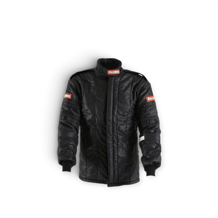 LunaticsCo RaceQuip black SFI-20 multi-layer Nomex-blend racing jacket with high collar and protective cuffs