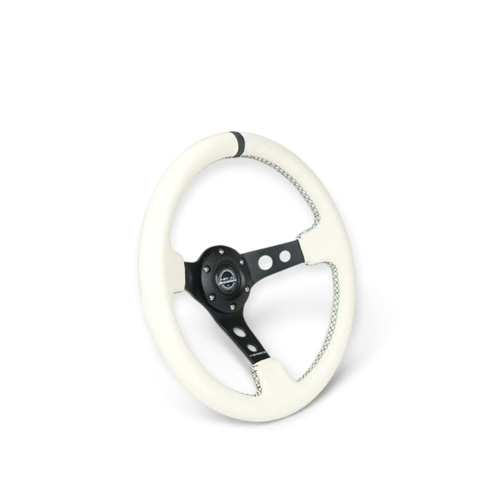 NRG Reinforced Steering Wheel (350mm/3in. Deep) White Leather w/Blk Spoke/Round Holes/White Stripes