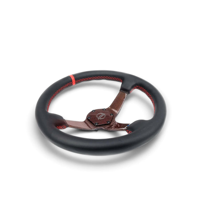 NRG Carbon Fiber Steering Wheel 350mm 3in Deep Red Carbon Fiber Red Stiching Red Center Mark Leather