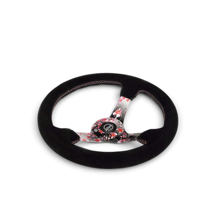 NRG Reinforced Steering Wheel (350mm) 3in Deep Pink Sakura Floral Solid Spoke - Black Suede/Stitch