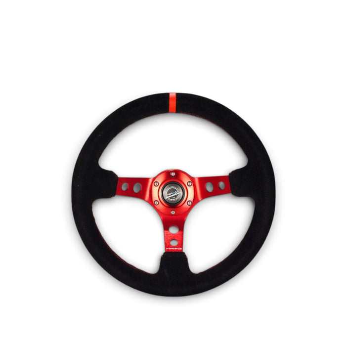 NRG Reinforced Steering Wheel (350mm / 3in. Deep) Blk Leather/Red Stitch w/Red Spoke