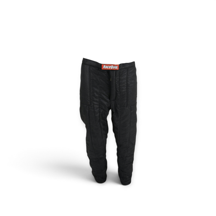 LunaticsCo RaceQuip black SFI-15 multi-layer Nomex-blend racing pants with flat-felled seams for fire protection.
