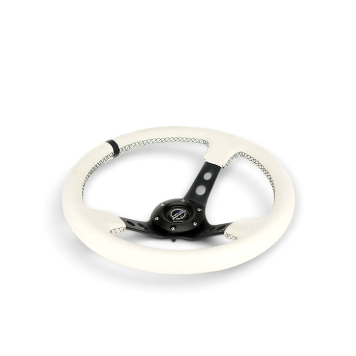 NRG Reinforced Steering Wheel (350mm/3in. Deep) White Leather w/Blk Spoke/Round Holes/White Stripes