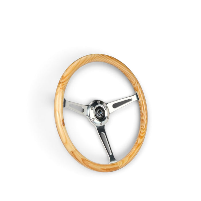 NRG Reinforced Steering Wheel (380mm) Light Wood Grain w/3-Spoke Center Shinny Chrome