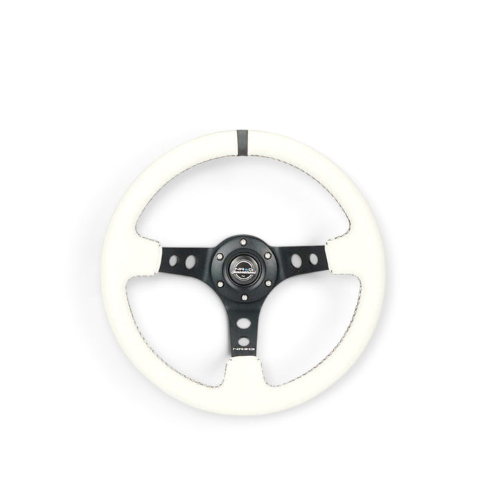 NRG Reinforced Steering Wheel (350mm/3in. Deep) White Leather w/Blk Spoke/Round Holes/White Stripes