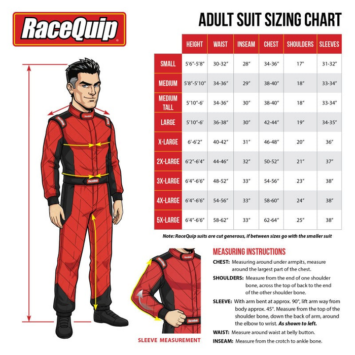 LunaticsCo RaceQuip racing suit sizing chart showing measurements for height, waist, inseam, chest, shoulders, and sleeves