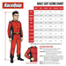 LunaticsCo RaceQuip racing suit sizing chart showing measurements for height, waist, inseam, chest, shoulders, and sleeves