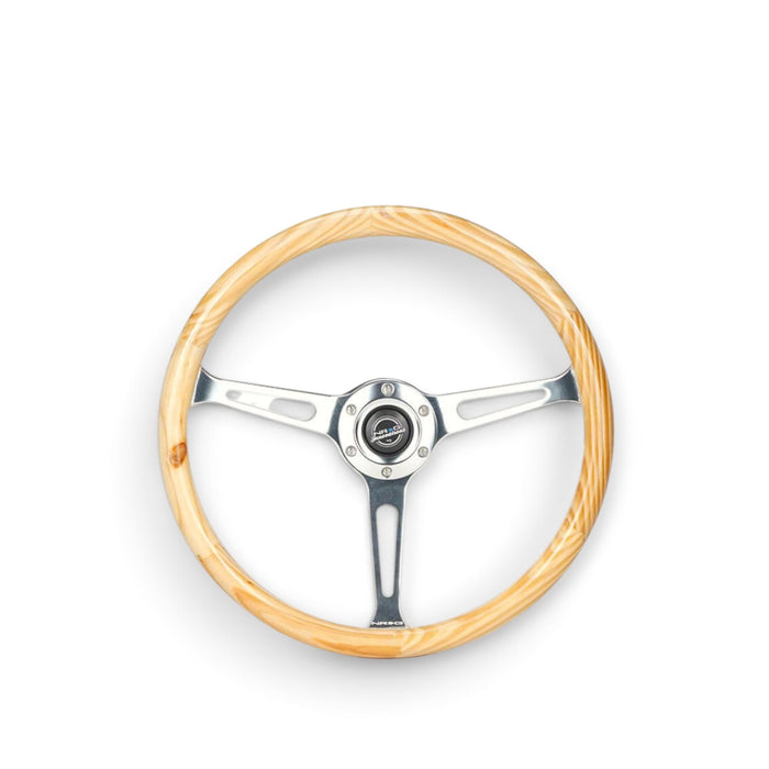 NRG Reinforced Steering Wheel (380mm) Light Wood Grain w/3-Spoke Center Shinny Chrome