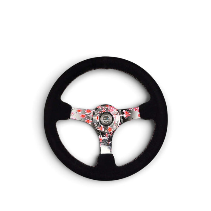 NRG Reinforced Steering Wheel (350mm) 3in Deep Pink Sakura Floral Solid Spoke - Black Suede/Stitch
