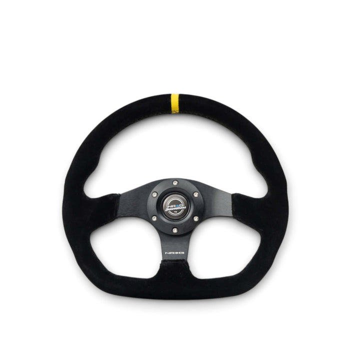 NRG Reinforced Steering Wheel (320mm) Sport Suede Flat Bottom w/ Yellow Center Mark