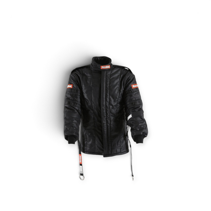 LunaticsCo RaceQuip black SFI-20 multi-layer Nomex racing jacket with high collar and secure harness straps