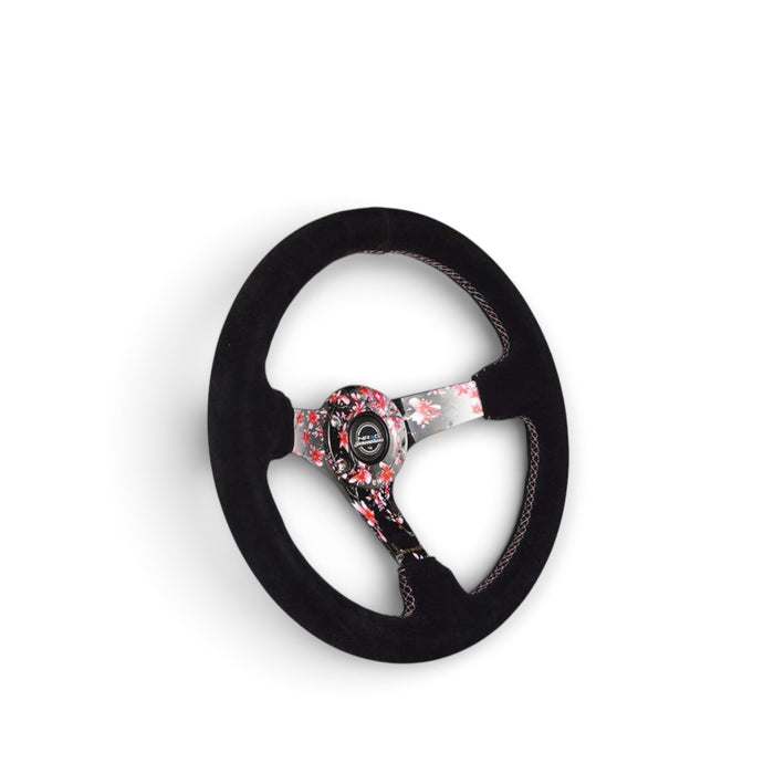 NRG Reinforced Steering Wheel (350mm) 3in Deep Pink Sakura Floral Solid Spoke - Black Suede/Stitch
