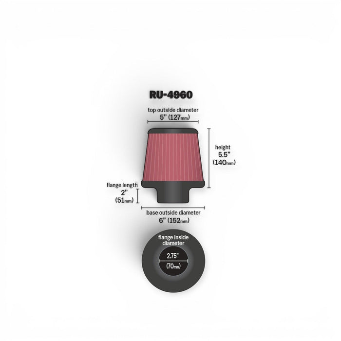 K&N Round Tapered Universal Air Filter, 2-3/4in Flange ID x 6in Base OD x 5in Top OD x 5-1/2in Height - Lunaticsco