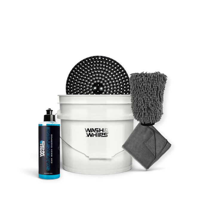 Lunaticsco WASH & WHIPS 5-piece car wash kit featuring a white bucket, particle interceptor, mitt, towel, and shampoo.