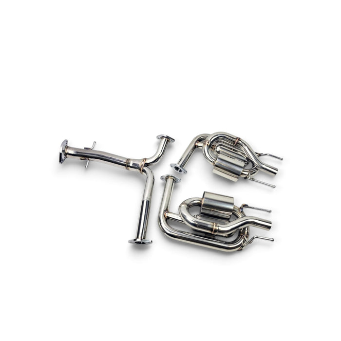 Lunaticsco Circuit Werks polished stainless steel axle-back exhaust system for Lexus IS F with Y-pipe and dual mufflers.