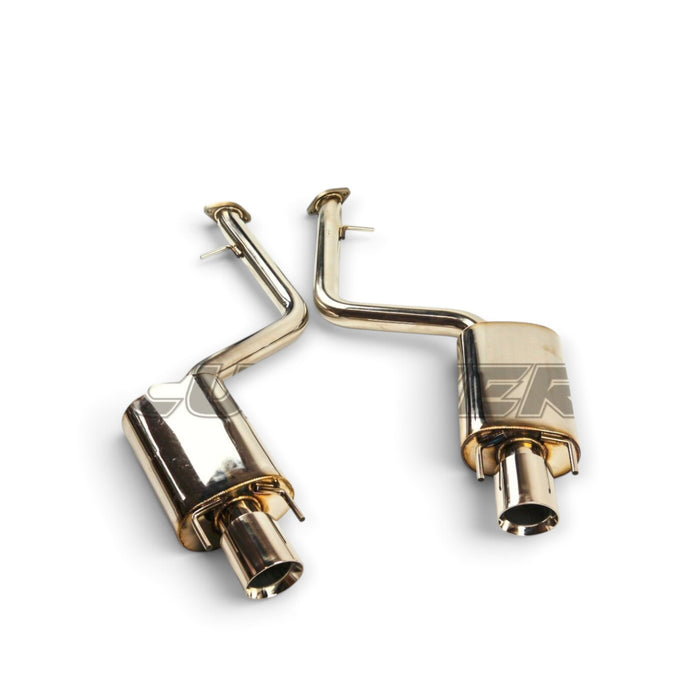 Lunaticsco Circuit Werks mufflered axle-back exhaust system for Lexus RC with polished 4-inch thick-wall tips.