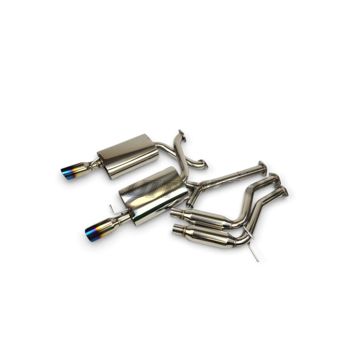 Lunaticsco Circuit Werks cat-back exhaust system for Lexus SC300 with dual mufflers and burnt thick-wall tips.