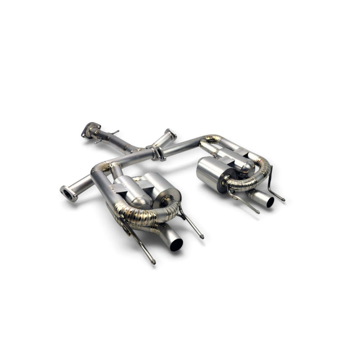 Lunaticsco Circuit Werks titanium axle-back exhaust system for Lexus IS F featuring a 70mm Y-pipe and dual mufflers.