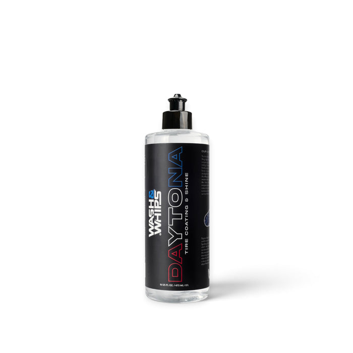 Lunaticsco WASH&WHIPS Daytona tire coating and shine bottle for a glossy, protective finish on car tires.