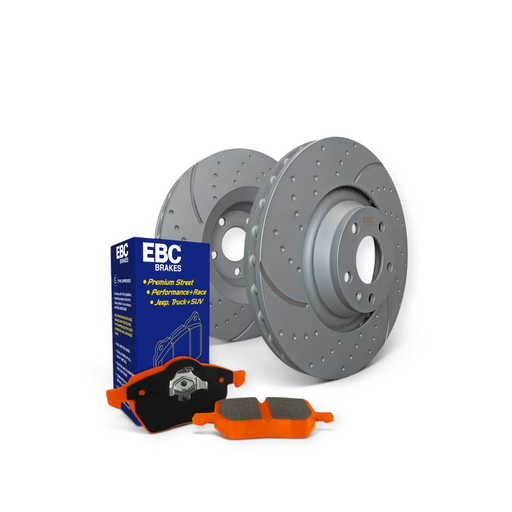 Lunaticsco EBC S8 brake pad and rotor kit for Toyota 86 featuring orange performance pads and slotted, drilled rotors.
