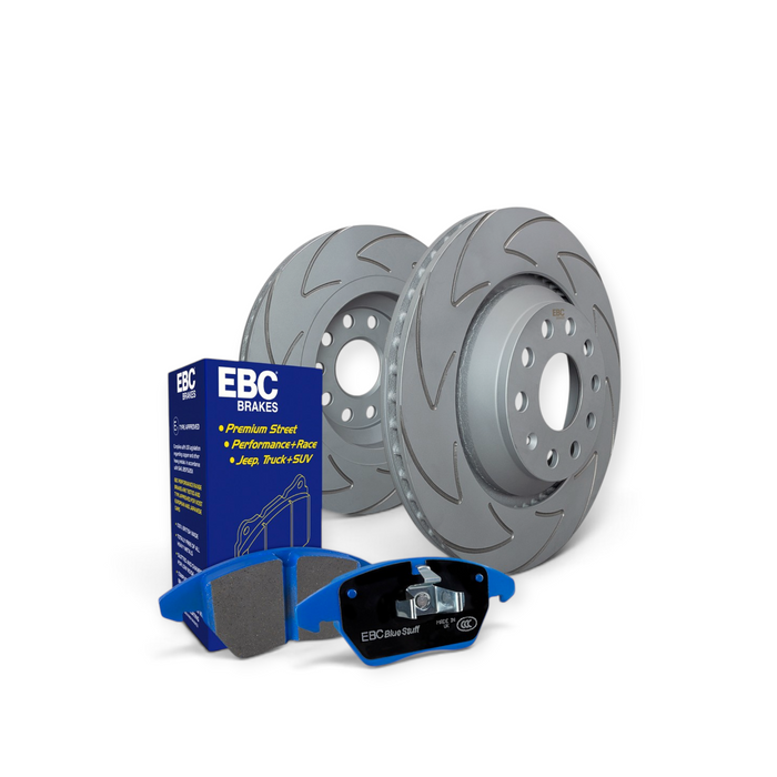 Lunaticsco EBC S6 brake kit featuring slotted rotors and blue performance brake pads for Lexus IS350