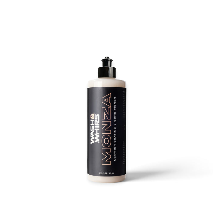 Lunaticsco WASH&WHIPS Monza leather coating and conditioner bottle in a 16oz size with a black label