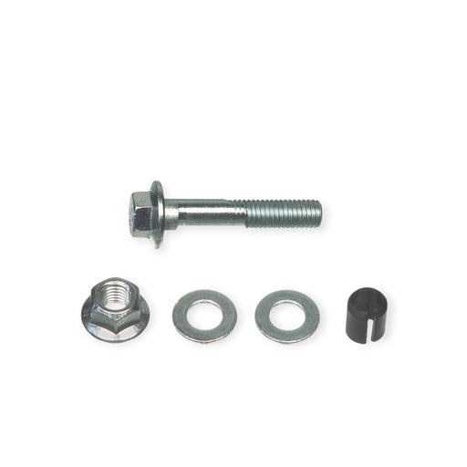 Lunaticsco MOOG front and rear cam bolt kit with steel bolt, nut, two washers, and a black bushing for alignment.