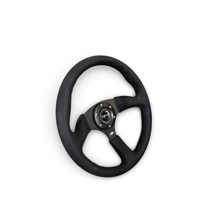 Lunaticsco NRG reinforced steering wheel in black alcantara with matte black solid spokes and deep dish design.