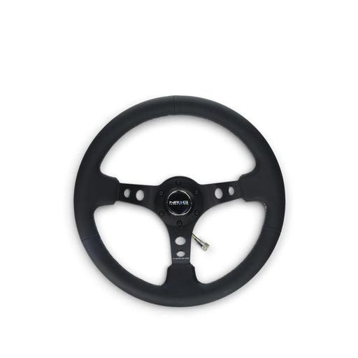 Lunaticsco NRG reinforced 350mm black leather steering wheel with deep dish design and black spokes