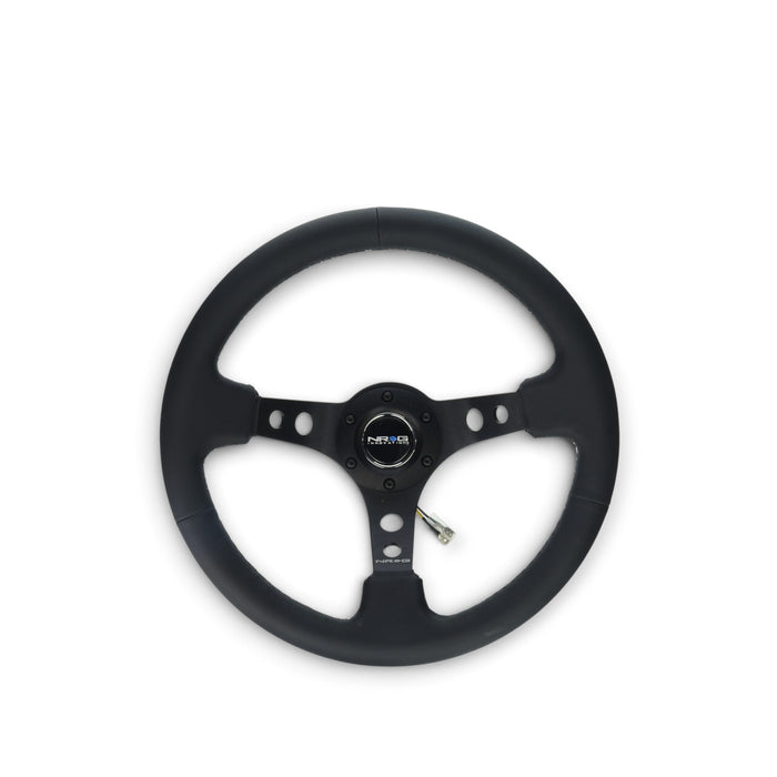 Lunaticsco NRG reinforced 350mm black leather steering wheel with deep dish design and black spokes