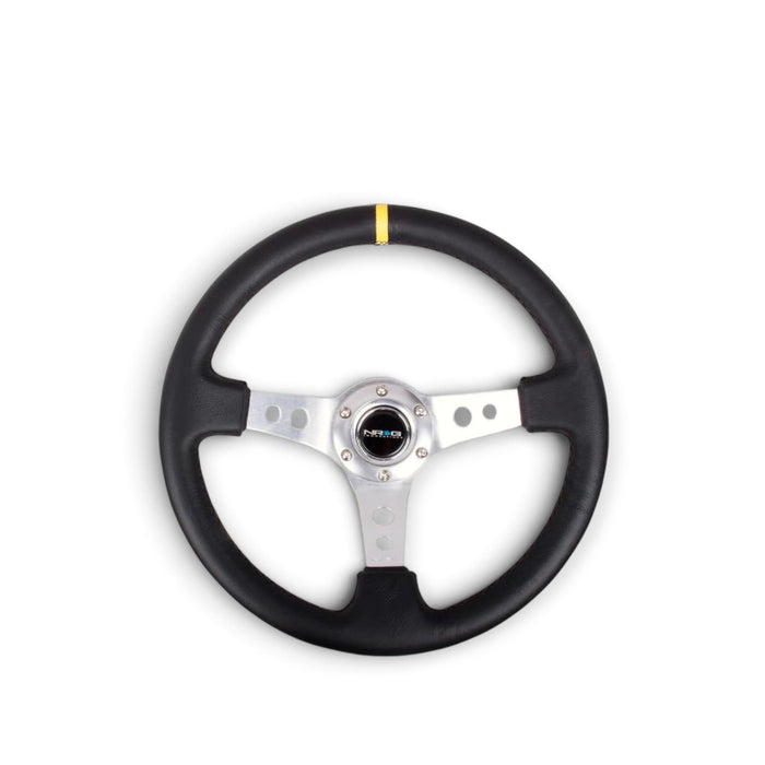 Lunaticsco NRG reinforced black leather steering wheel with silver spokes, 350mm diameter, and yellow center marker.
