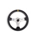 Lunaticsco NRG reinforced black leather steering wheel with silver spokes, 350mm diameter, and yellow center marker.