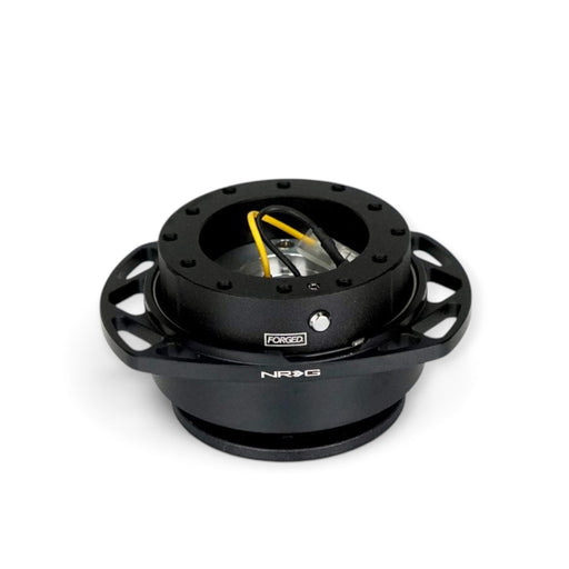 Lunaticsco NRG Gen 2.5 quick release steering wheel hub in black aluminum with self-locking push-pin safety mechanism