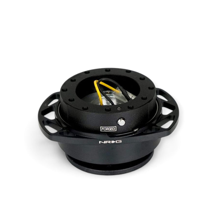 Lunaticsco NRG Gen 2.5 quick release steering wheel hub in black aluminum with self-locking push-pin safety mechanism