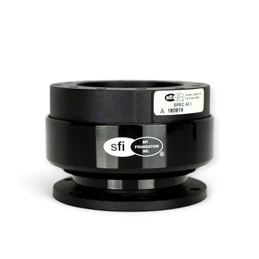 Lunaticsco NRG SFI 42.1 quick release steering wheel hub in black aircraft-grade aluminum with ball-lock mechanism.