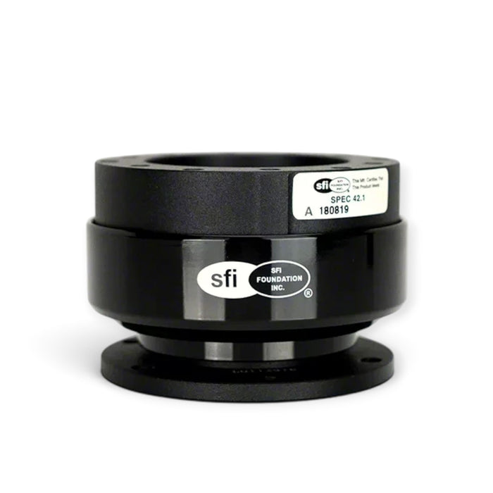 Lunaticsco NRG SFI 42.1 quick release steering wheel hub in black aircraft-grade aluminum with ball-lock mechanism.