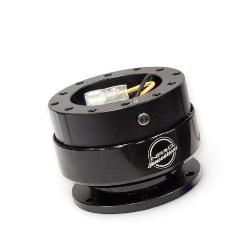 Lunaticsco NRG SFI 42.1 quick release steering wheel hub in black aircraft-grade aluminum with push-pin safety