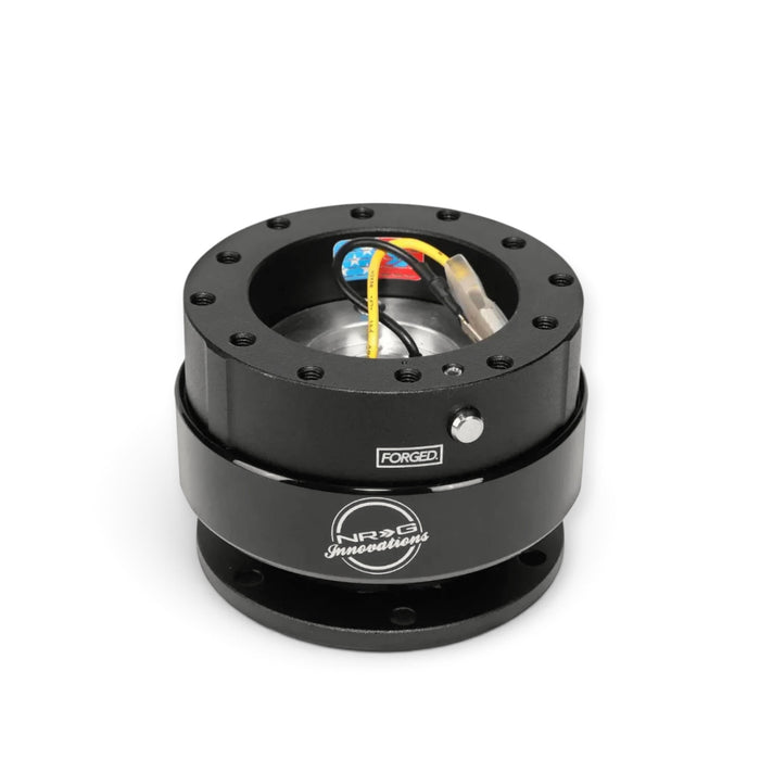 Lunaticsco NRG SFI 42.1 quick release steering wheel hub in black anodized aircraft-grade aluminum with push-pin safety.