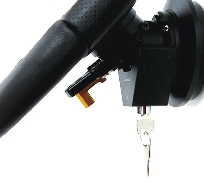 Lunaticsco NRG black steering wheel quick tilt system with locking mechanism and key for easy vehicle entry