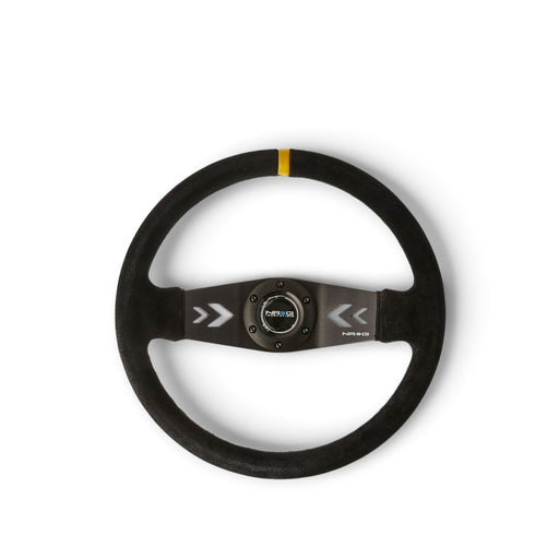 Lunaticsco NRG reinforced black suede steering wheel with 350mm deep dish, arrow cut spokes, and yellow center mark