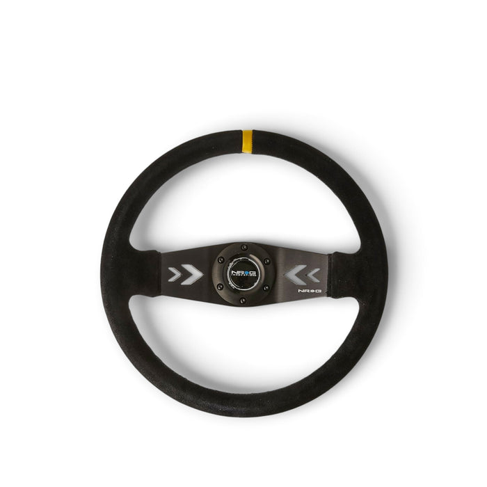 Lunaticsco NRG reinforced black suede steering wheel with 350mm deep dish, arrow cut spokes, and yellow center mark