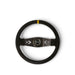 Lunaticsco NRG reinforced black suede steering wheel with 350mm deep dish, arrow cut spokes, and yellow center mark