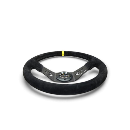 Lunaticsco NRG reinforced black suede steering wheel with 350mm diameter, 3-inch deep dish, and yellow center mark