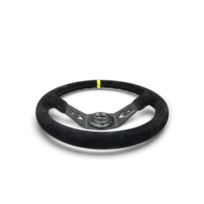Lunaticsco NRG reinforced black suede steering wheel with 350mm diameter, 3-inch deep dish, and yellow center mark