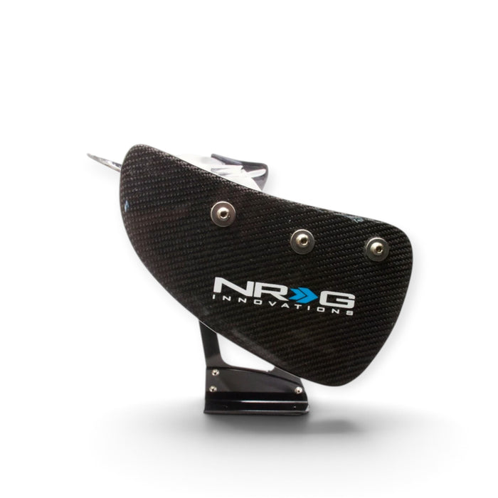 Lunaticsco NRG carbon fiber spoiler end plate with white logo branding and metal mounting hardware