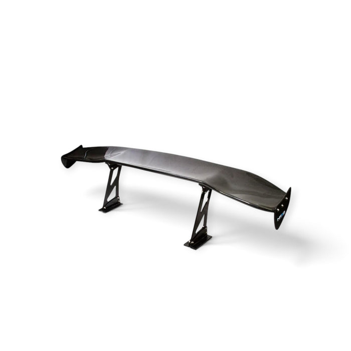 Lunaticsco NRG carbon fiber universal 69-inch spoiler with black metal mounting brackets and branded end plates.