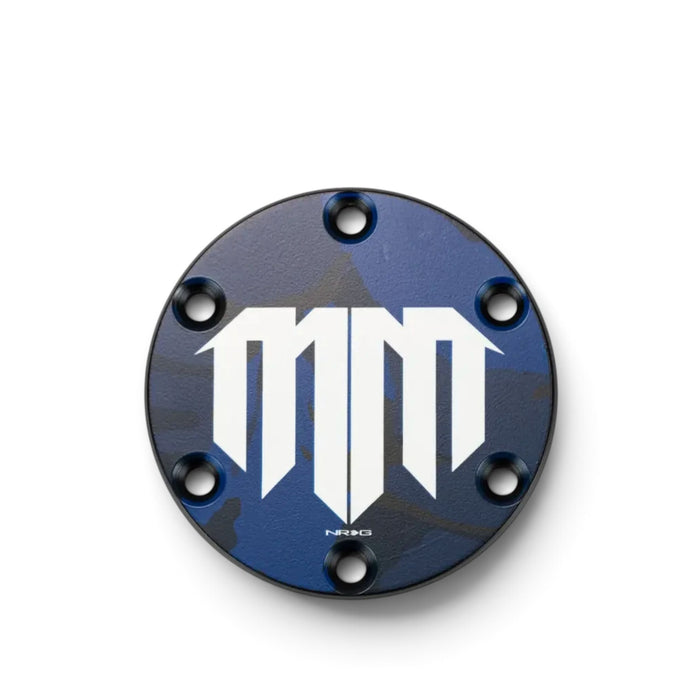 Lunaticsco NRG Mad Mike horn delete plate in dark blue camo finish with white MM logo for aftermarket steering wheels