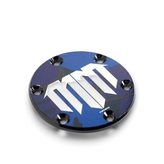Lunaticsco NRG Mad Mike horn delete plate in dark blue camo finish with white MM logo for steering wheel hubs