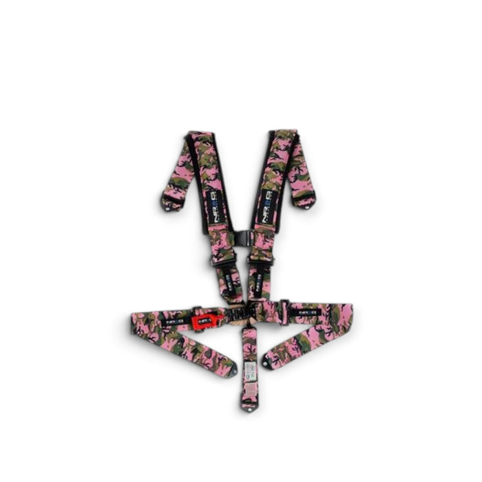 Lunaticsco NRG 5-point racing harness in pink camo with heavy-duty latch link buckle and 3-inch polyester straps.